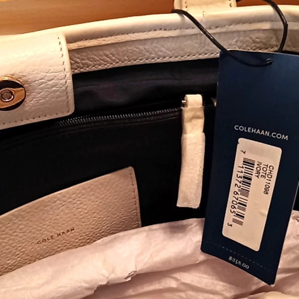 COLE HAAN Genuine Woven Detail Leather Large Tote Bag. Beige. NWT. Beautiful! - Picture 5 of 16